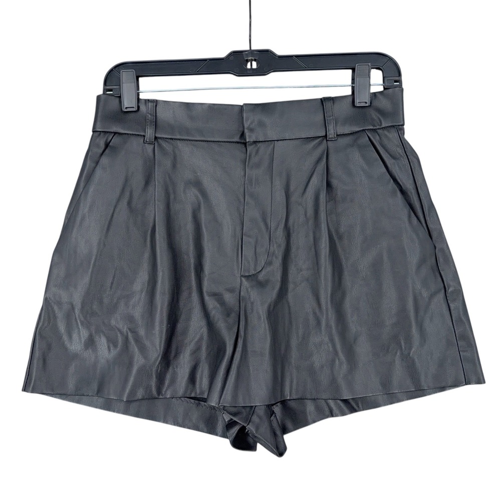 ZARA Black Faux Leather Pleated High Waisted Shorts Women Size Medium